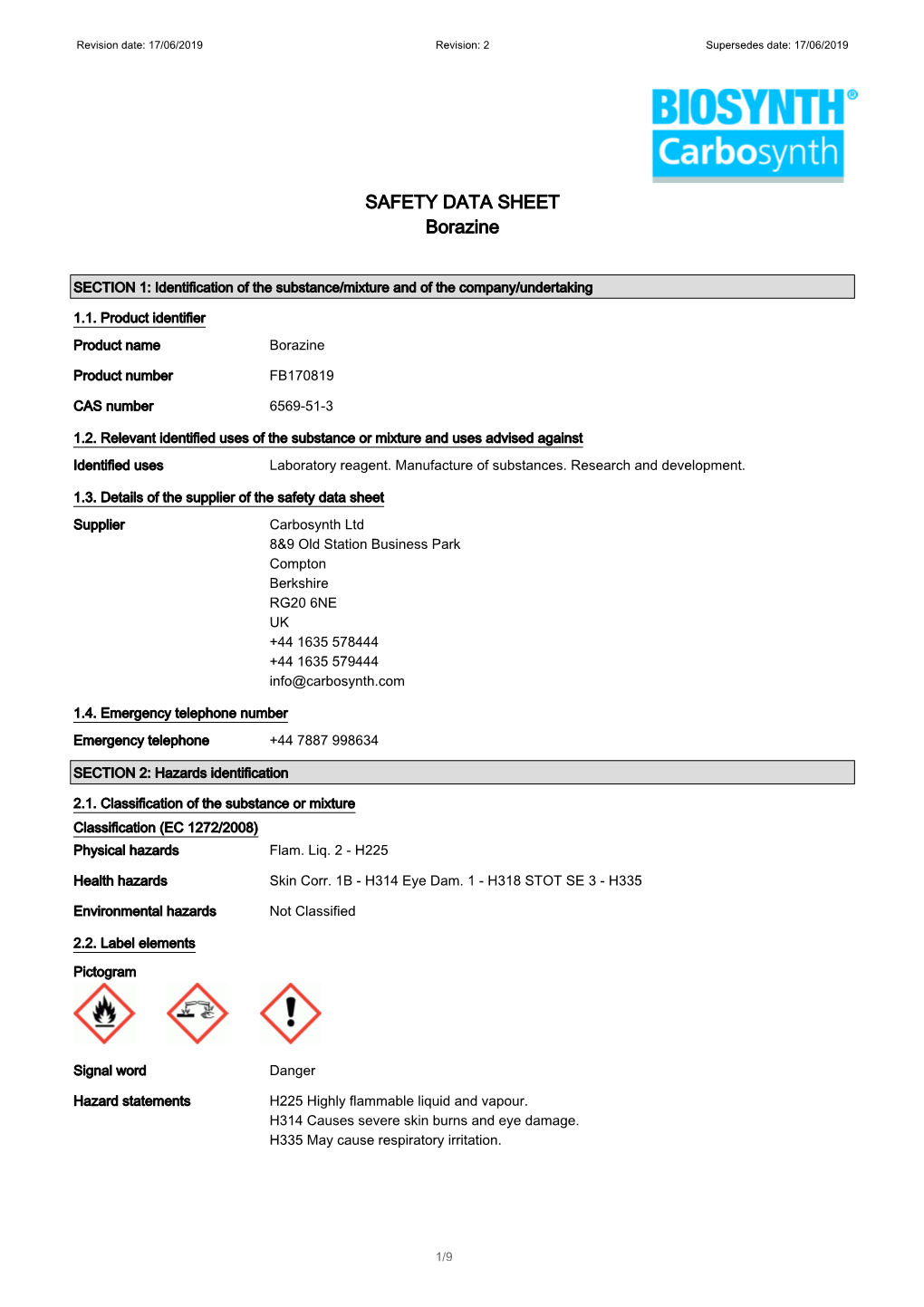 SAFETY DATA SHEET Borazine