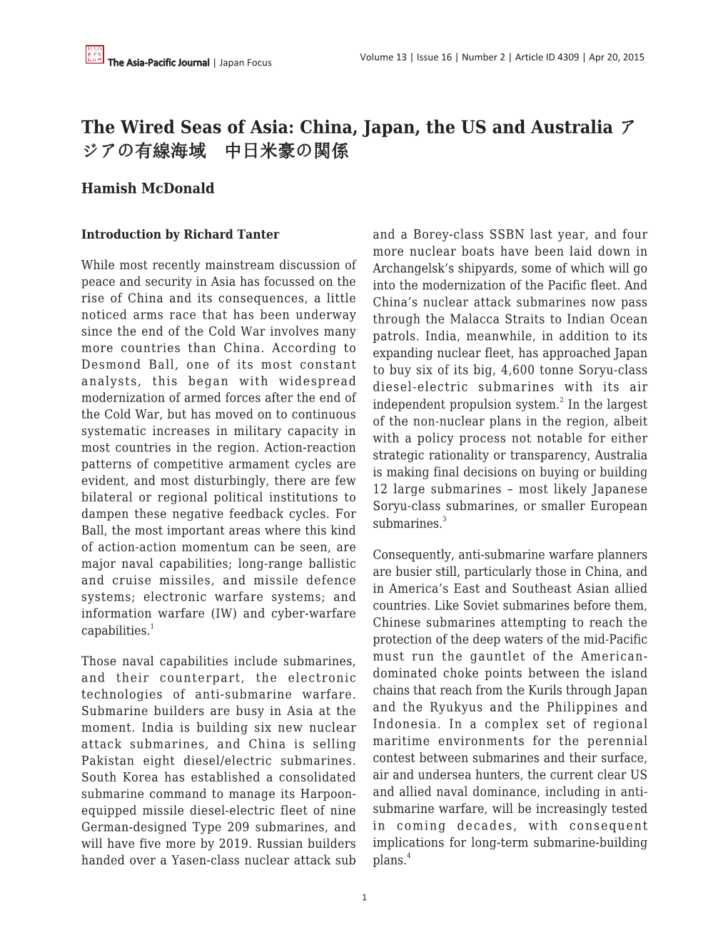 China, Japan, the US and Australia ア ジアの有線海域 中日米豪の関係