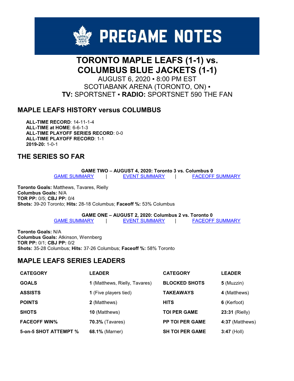 TORONTO MAPLE LEAFS (1-1) Vs. COLUMBUS BLUE JACKETS (1-1) AUGUST 6, 2020 ▪ 8:00 PM EST SCOTIABANK ARENA (TORONTO, ON) ▪ TV: SPORTSNET ▪ RADIO: SPORTSNET 590 the FAN