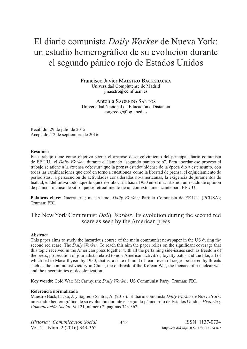 El Diario Comunista Daily Worker De Nueva York: Un Estudio Hemerográfico De Su Evolución Durante El Segundo Pánico Rojo De Estados Unidos