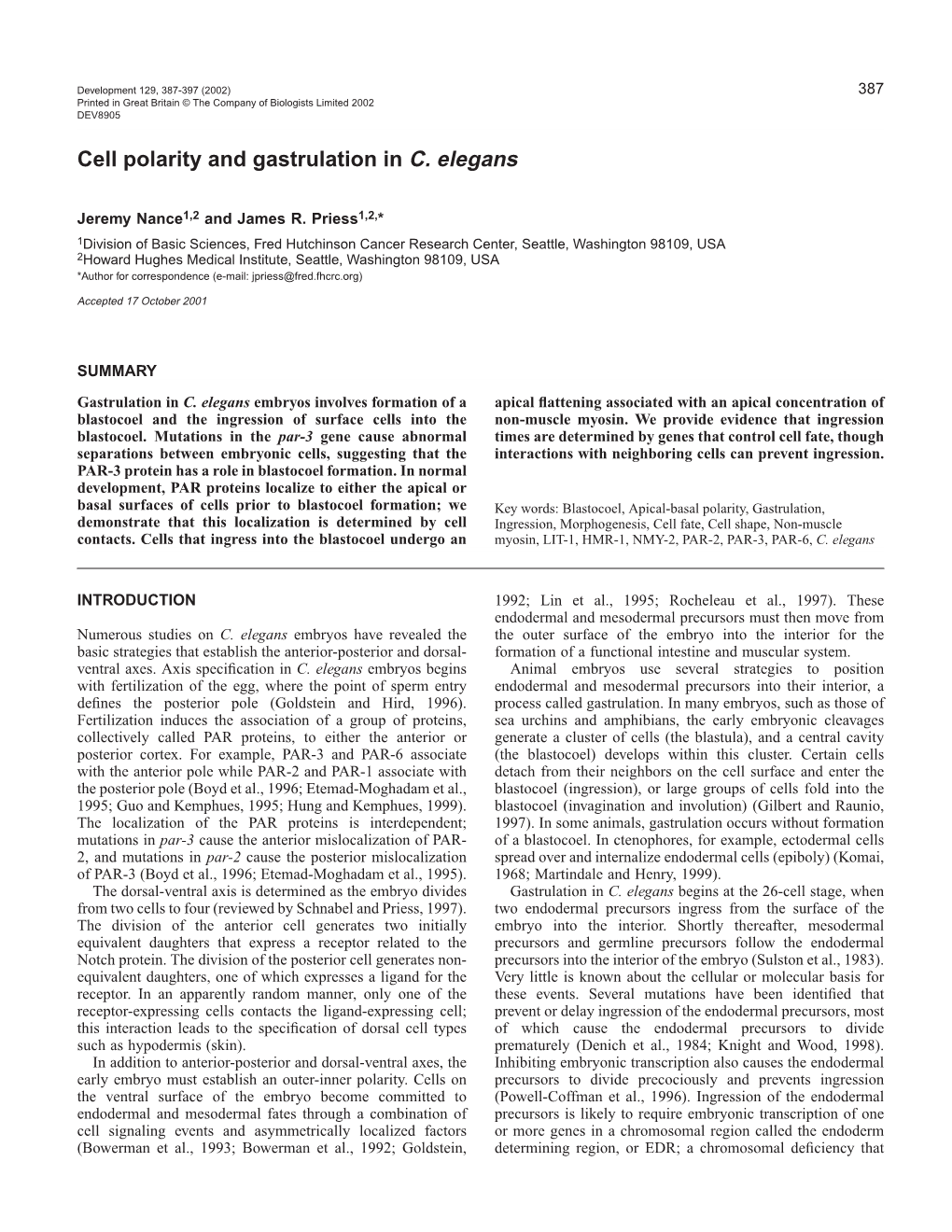 C. Elegans Polarity and Gastrulation