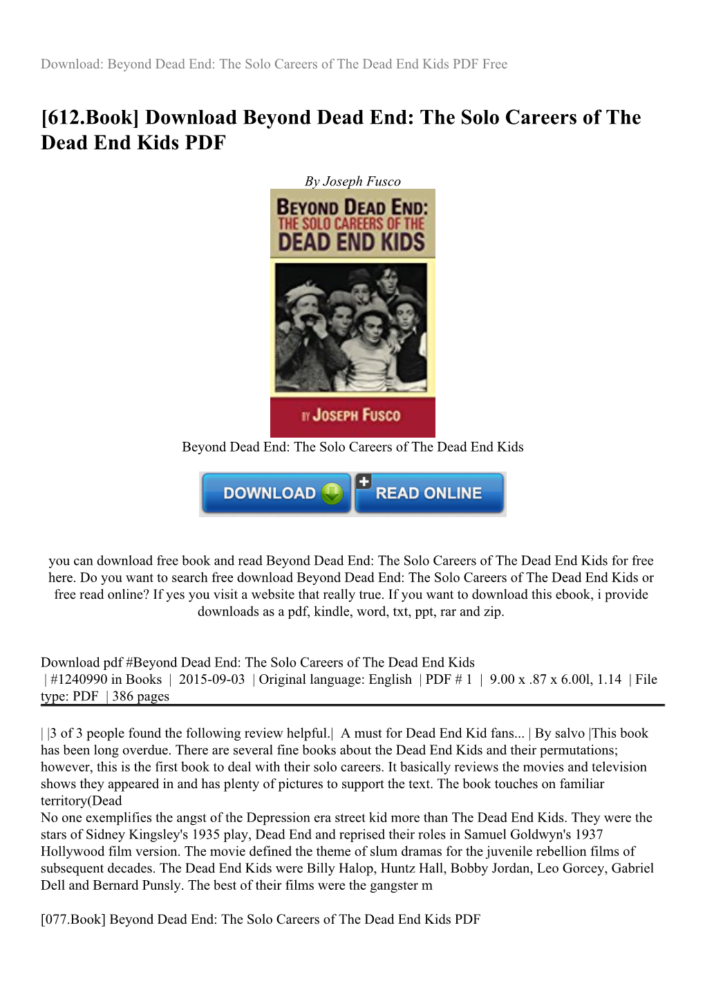 The Solo Careers of the Dead End Kids PDF Free