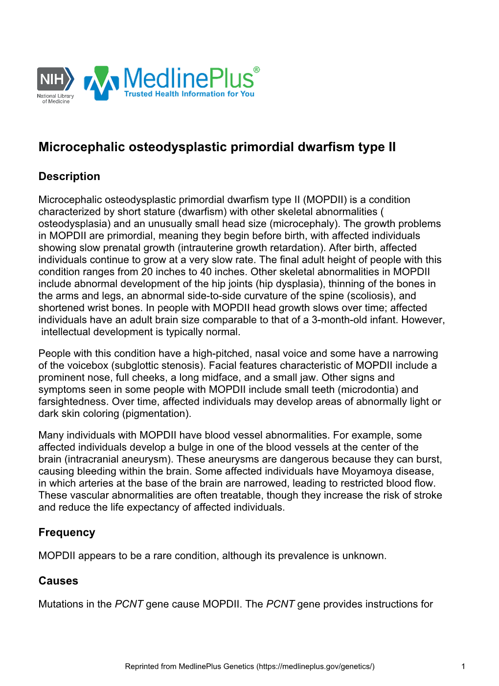 Microcephalic Osteodysplastic Primordial Dwarfism Type II