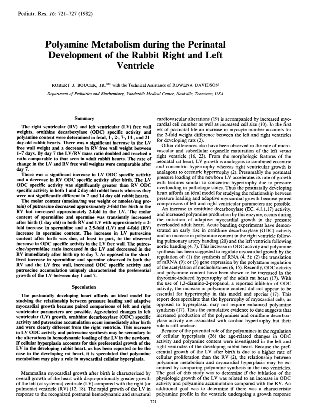 Poly Amine Metabolism During the Perinatal Development of the Rabbit Right and Left Ventricle