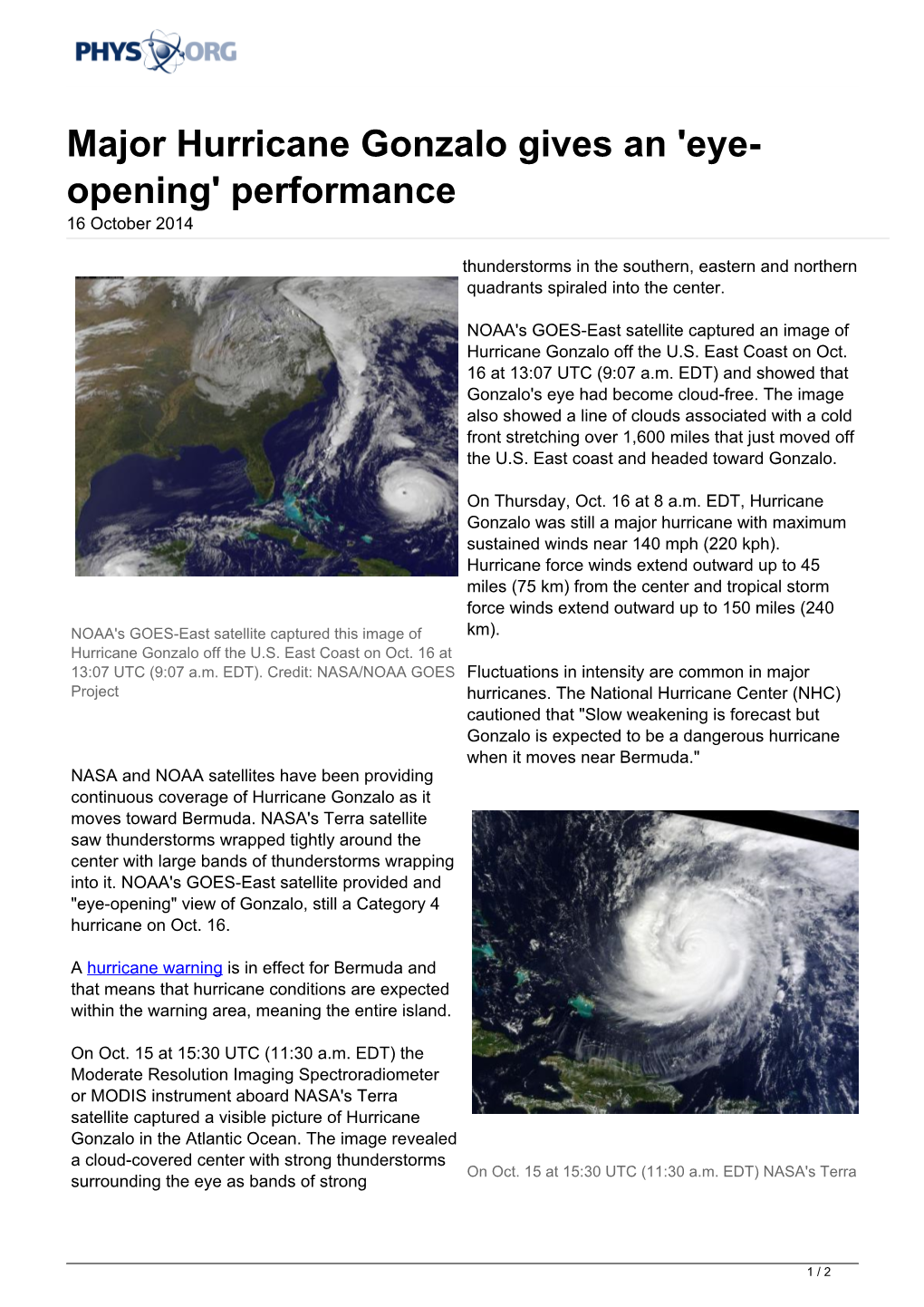 Major Hurricane Gonzalo Gives an 'Eye- Opening' Performance 16 October 2014