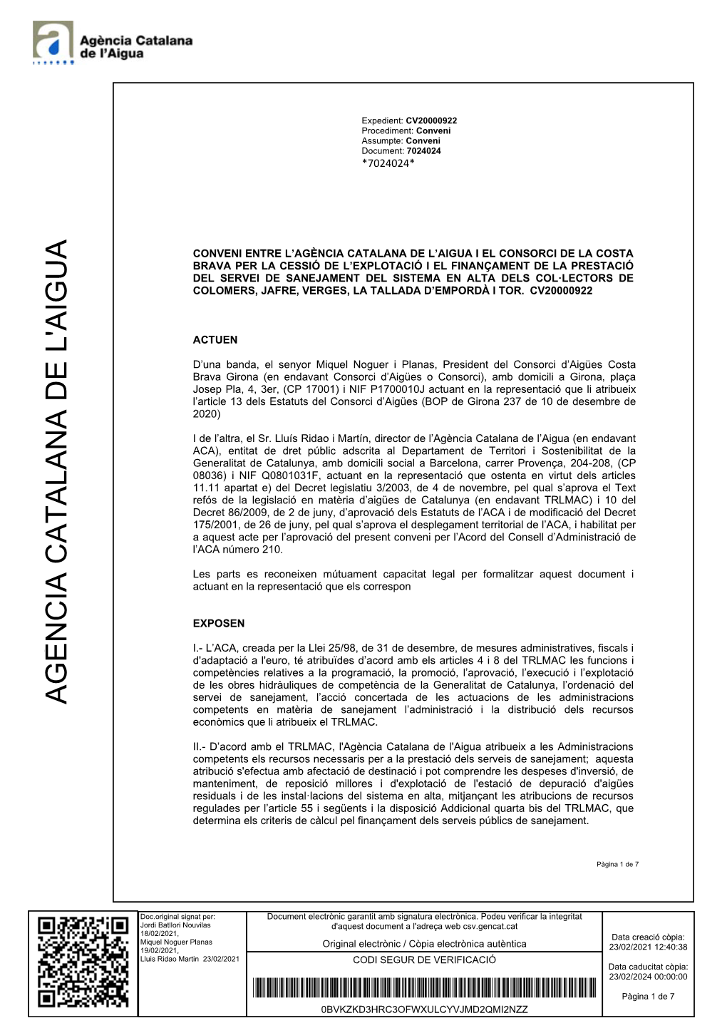 Conveni Cessió Explotació Sanejament Col·Lectors Colomers, Jafre, Verges, La Tallada I