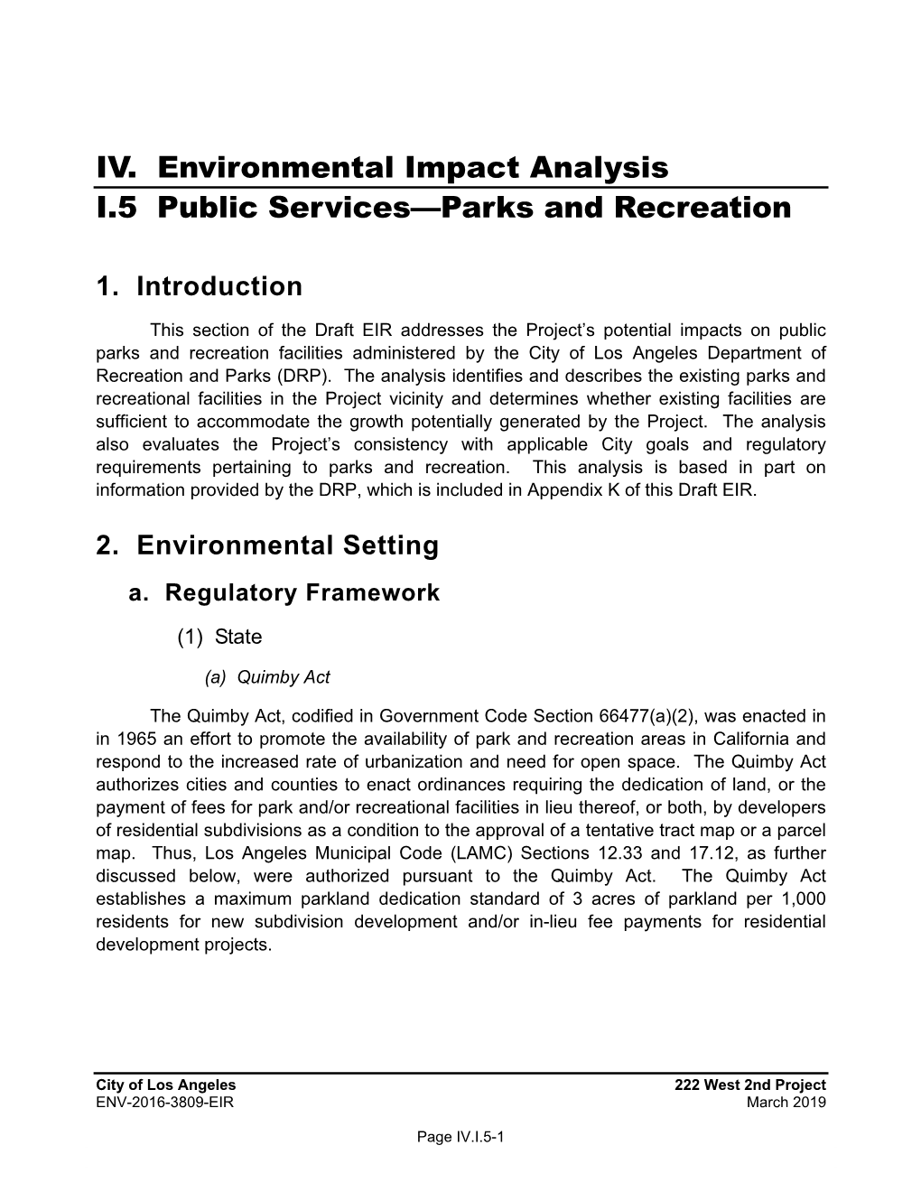 IV. Environmental Impact Analysis I.5 Public Services—Parks and Recreation