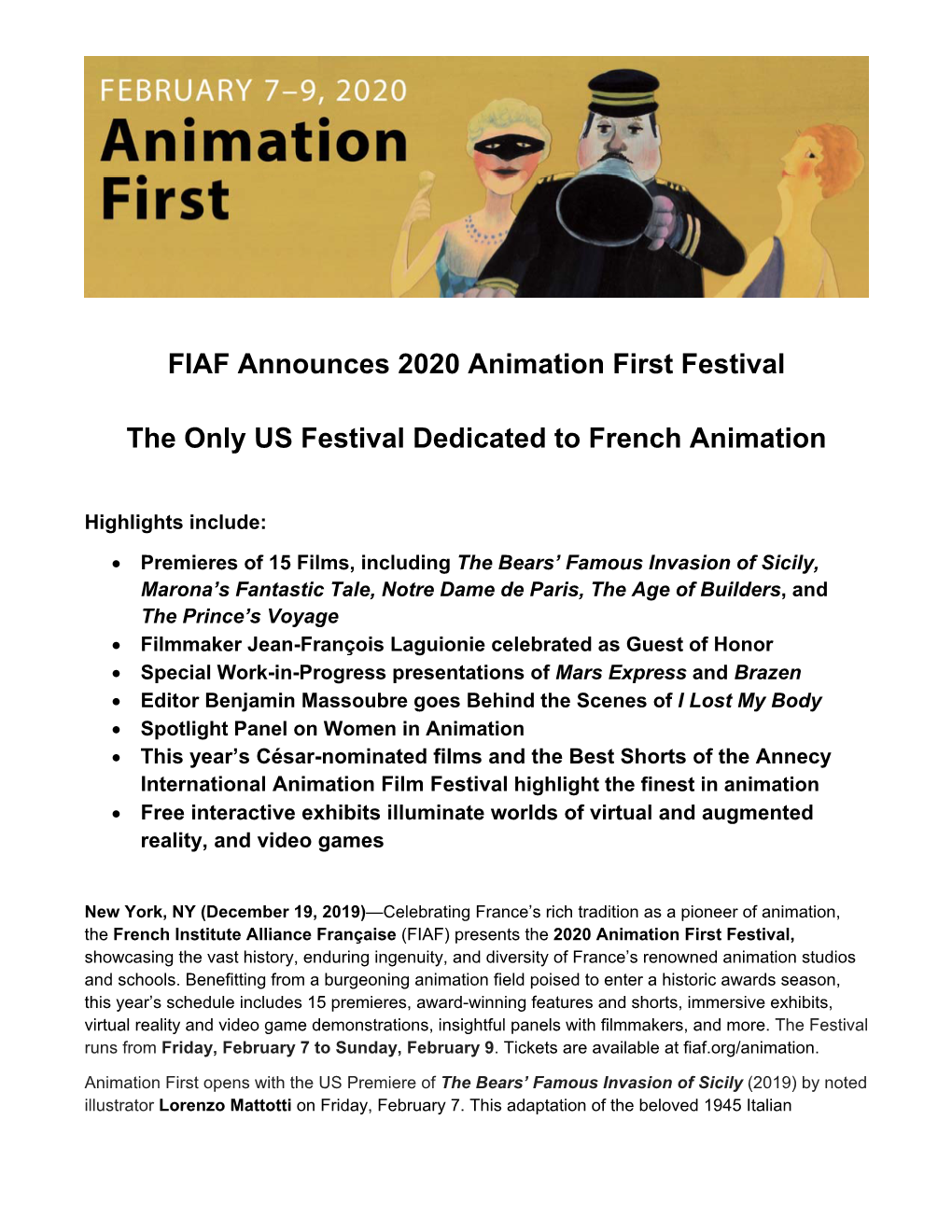 FIAF Announces 2020 Animation First Festival the Only US Festival Dedicated to French Animation