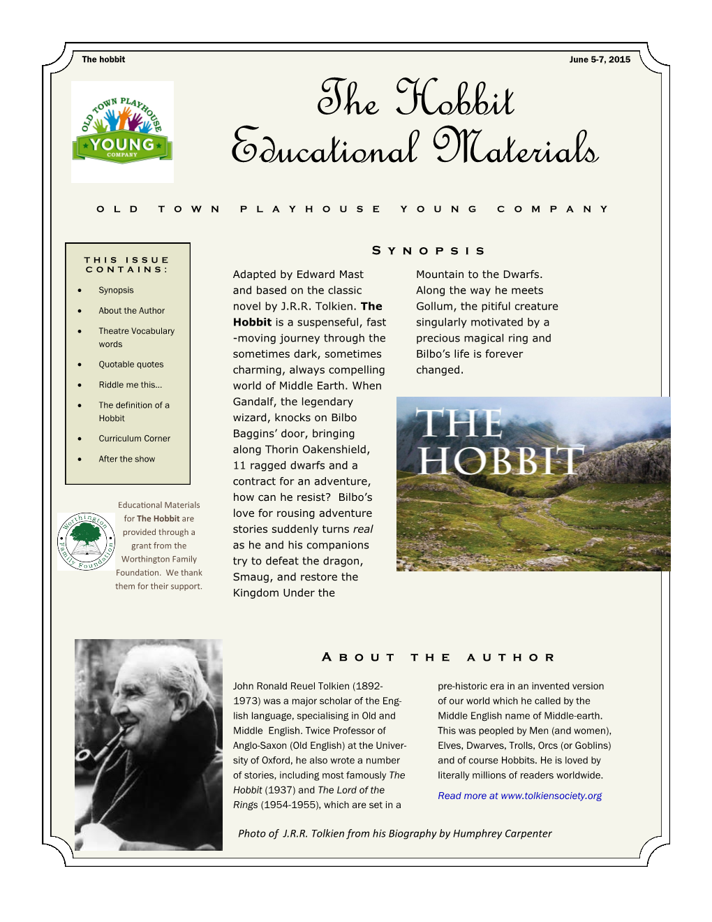 Hobbit June 5-7, 2015 the Hobbit Educational Materials