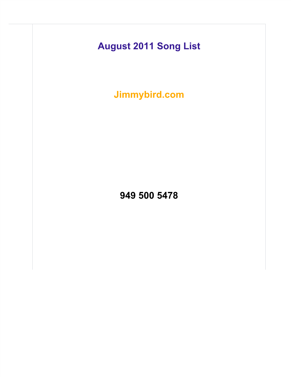 August 2011 Song List Jimmybird.Com 949 500 5478