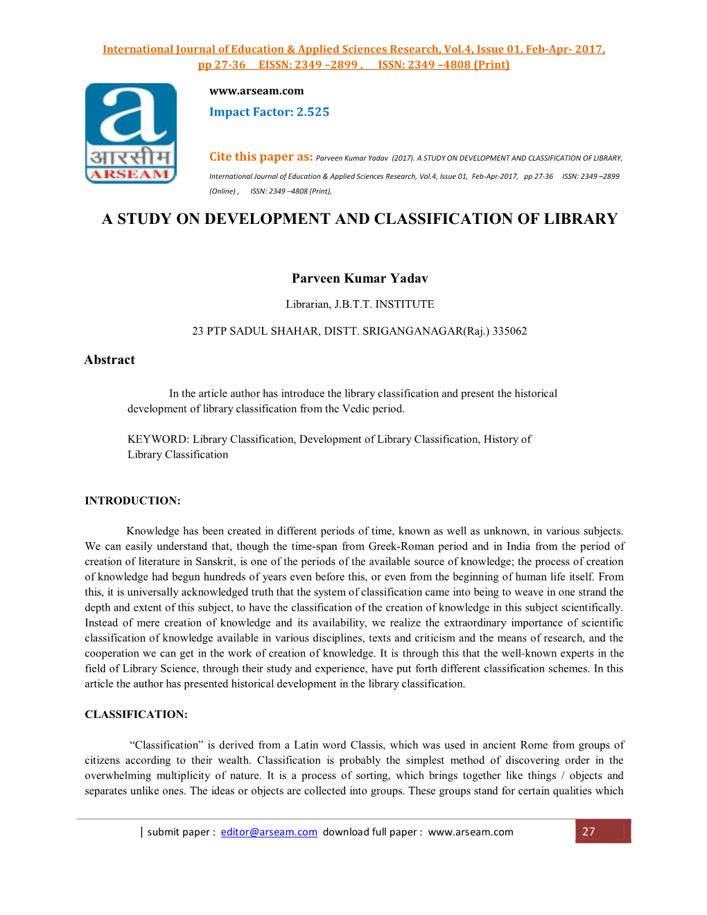 A Study on Development and Classification of Library