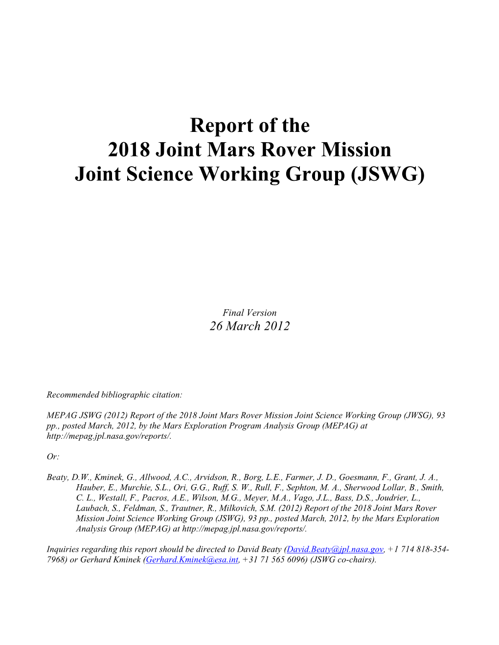 Report of the 2018 Joint Mars Rover Mission Joint Science Working Group (JSWG)