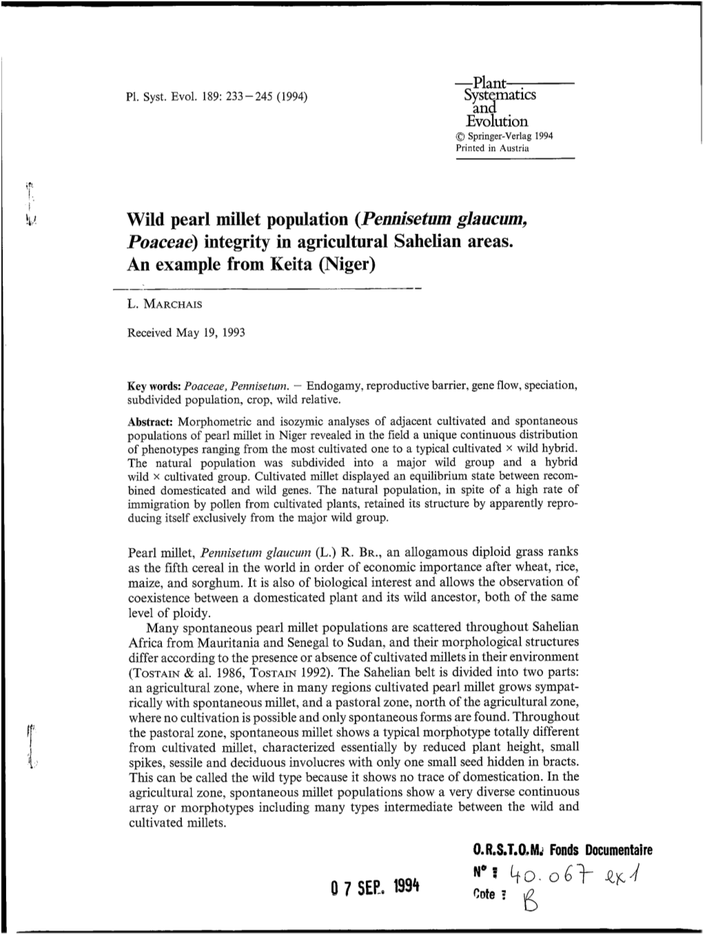 Wild Pearl Millet Population (Pennisetum Glaucum, Poaceae) Integrity in Agricultural Sahelian Areas