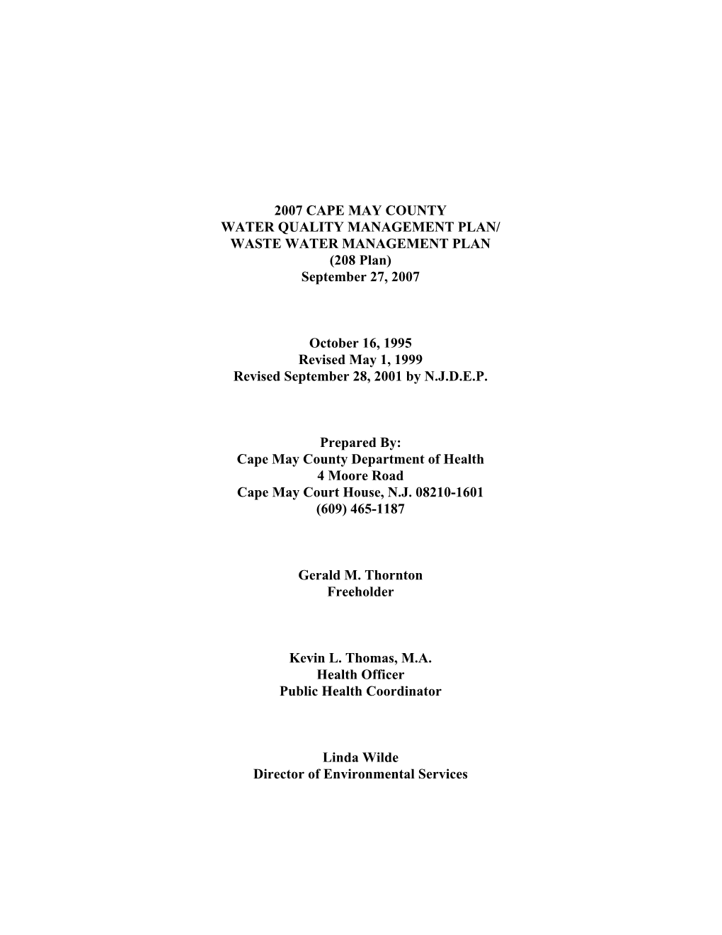 2007 CAPE MAY COUNTY WATER QUALITY MANAGEMENT PLAN/ WASTE WATER MANAGEMENT PLAN (208 Plan) September 27, 2007