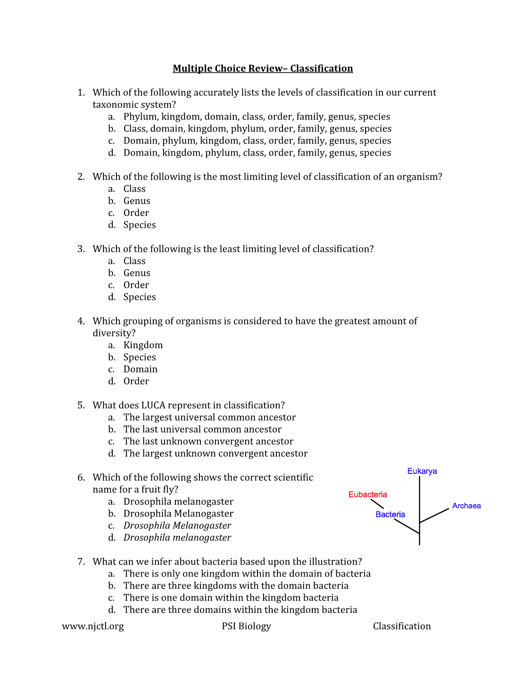 PSI Biology Classification Multiple Choice