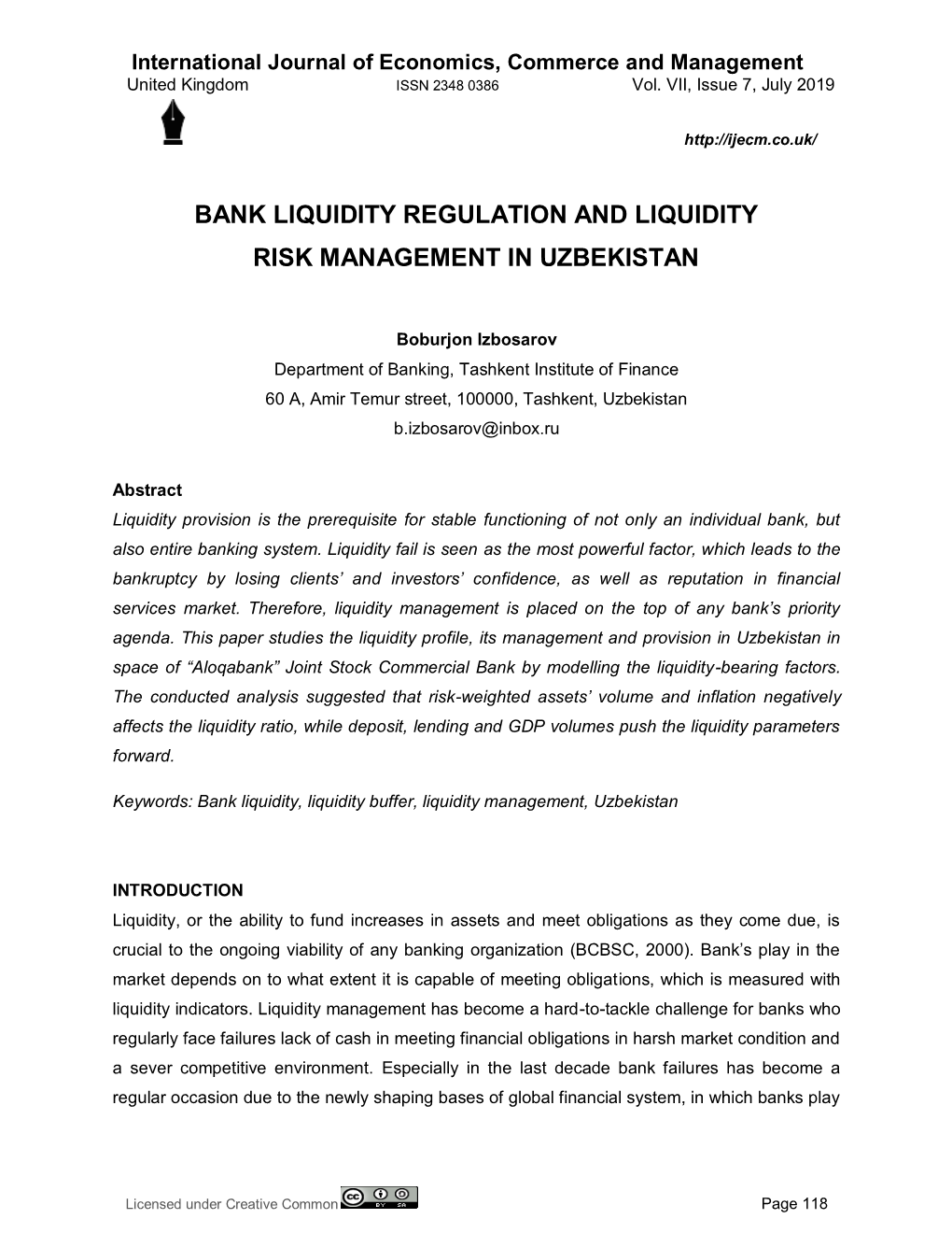 Bank Liquidity Regulation and Liquidity Risk Management in Uzbekistan