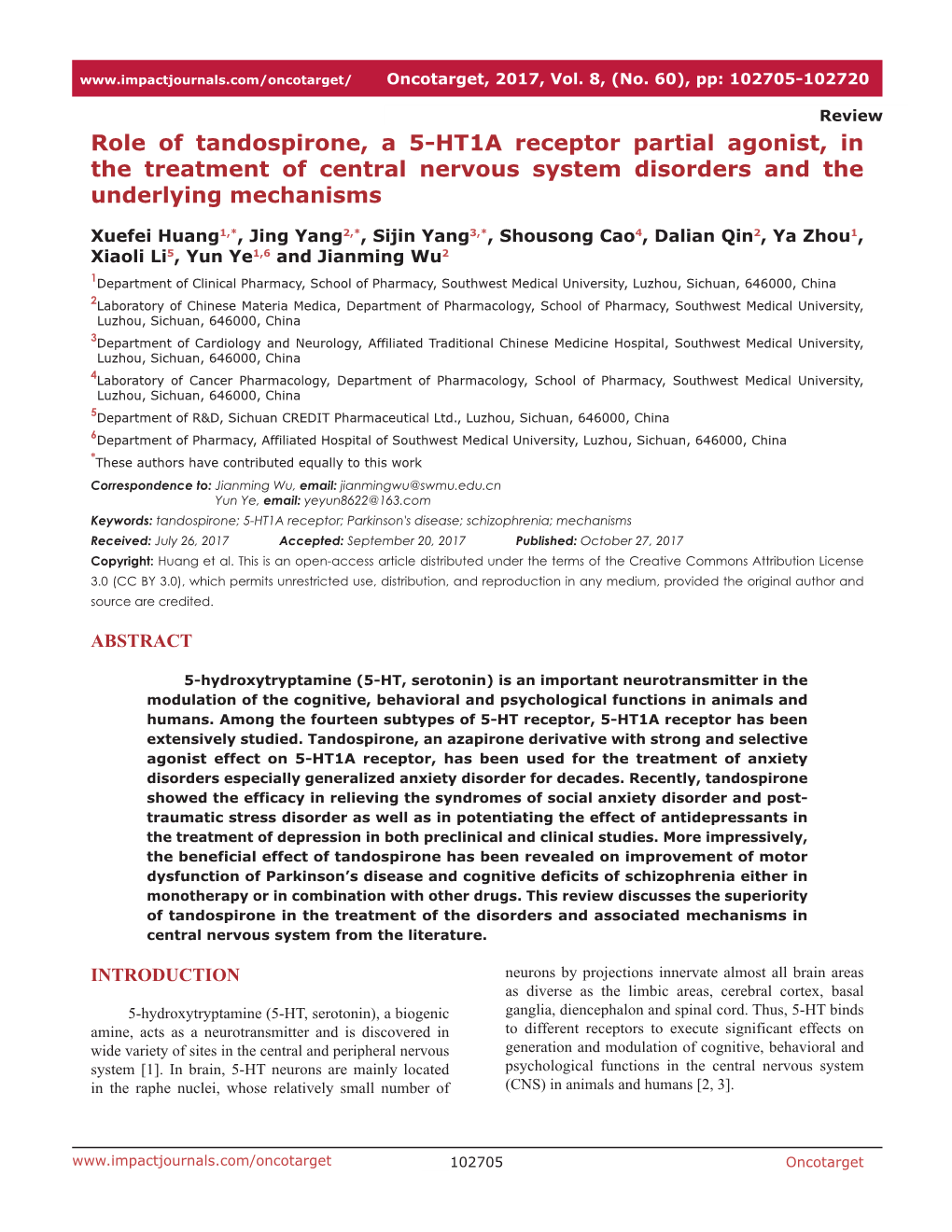 Role of Tandospirone, a 5-HT1A Receptor Partial Agonist, in the Treatment of Central Nervous System Disorders and the Underlying Mechanisms