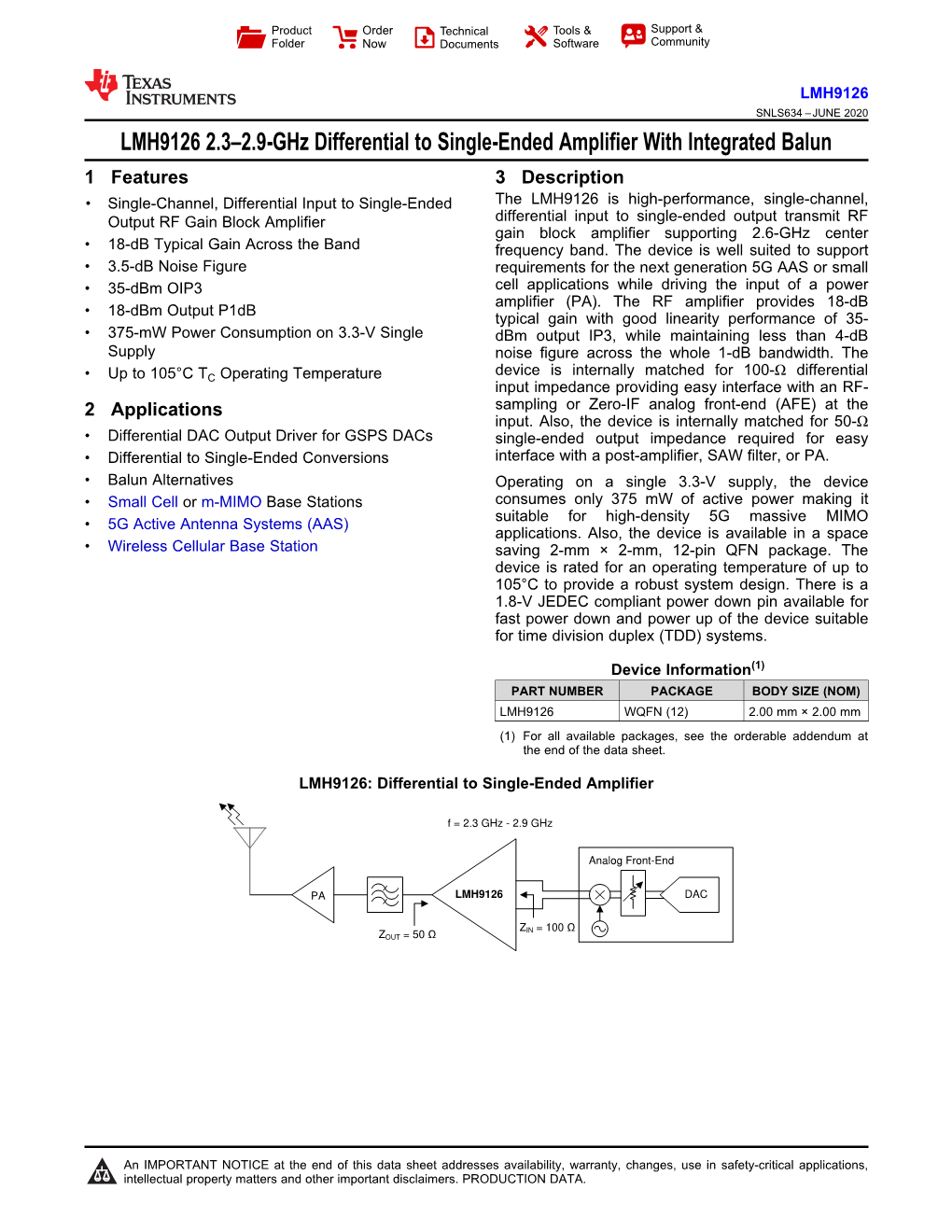 LMH9126 2.3–2.9-Ghz Differential to Single-Ended Amplifier With