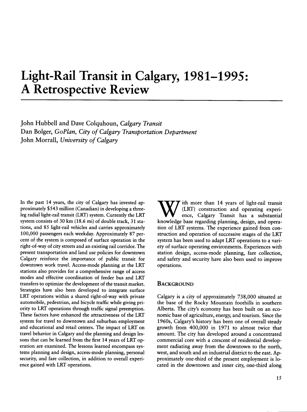 Light-Rail Transit in Calgary, 1981-1995: a Retrospective Review