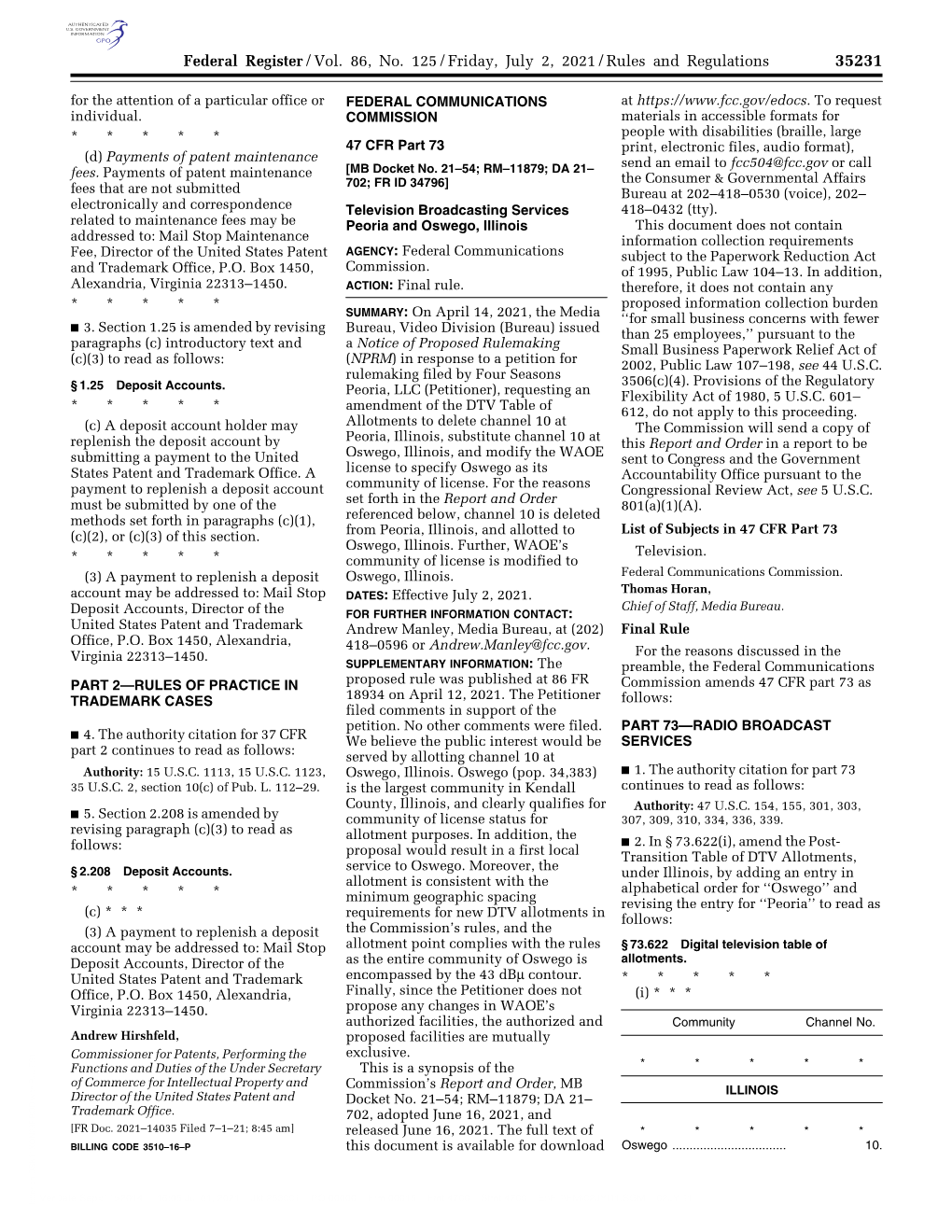 Federal Register/Vol. 86, No. 125/Friday, July 2, 2021/Rules And