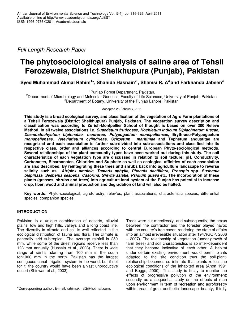 The Phytosociological Analysis of Saline Area of Tehsil Ferozewala, District Sheikhupura (Punjab), Pakistan