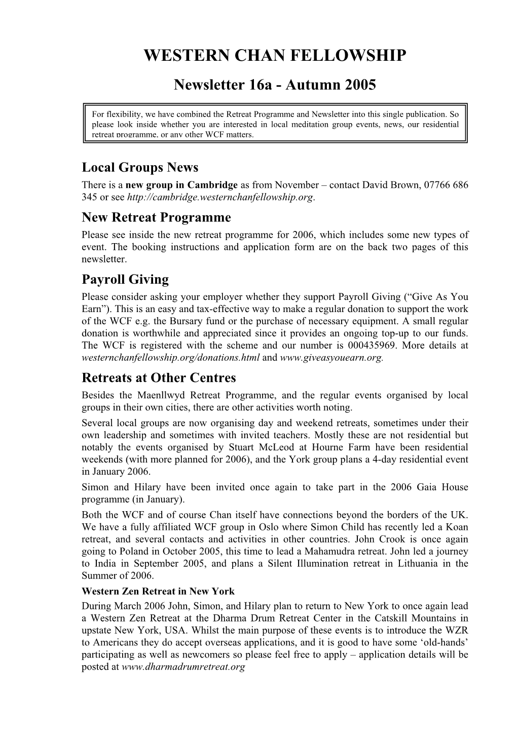 Newsletter 16A - Autumn 2005