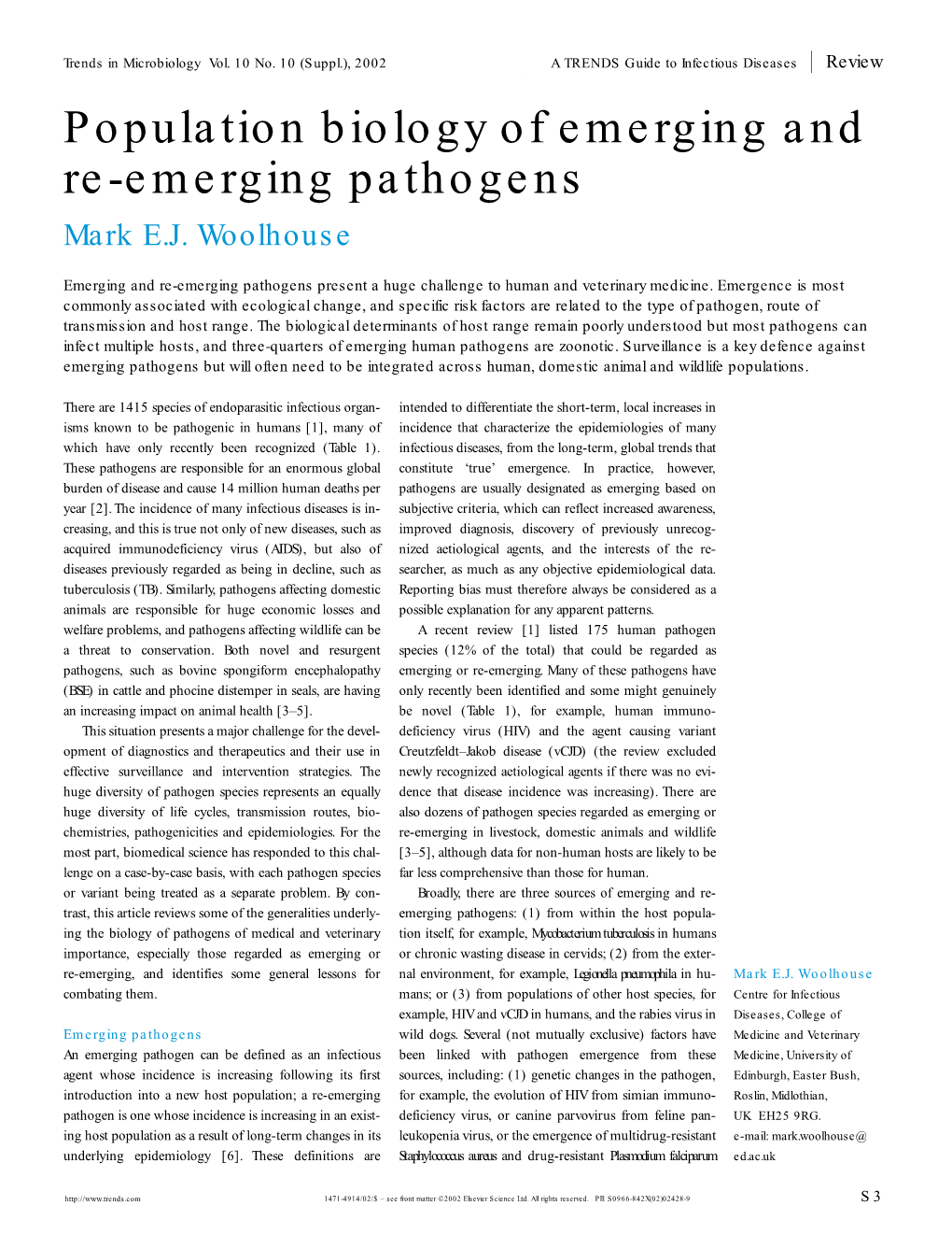 Population Biology of Emerging and Re-Emerging Pathogens Mark E.J