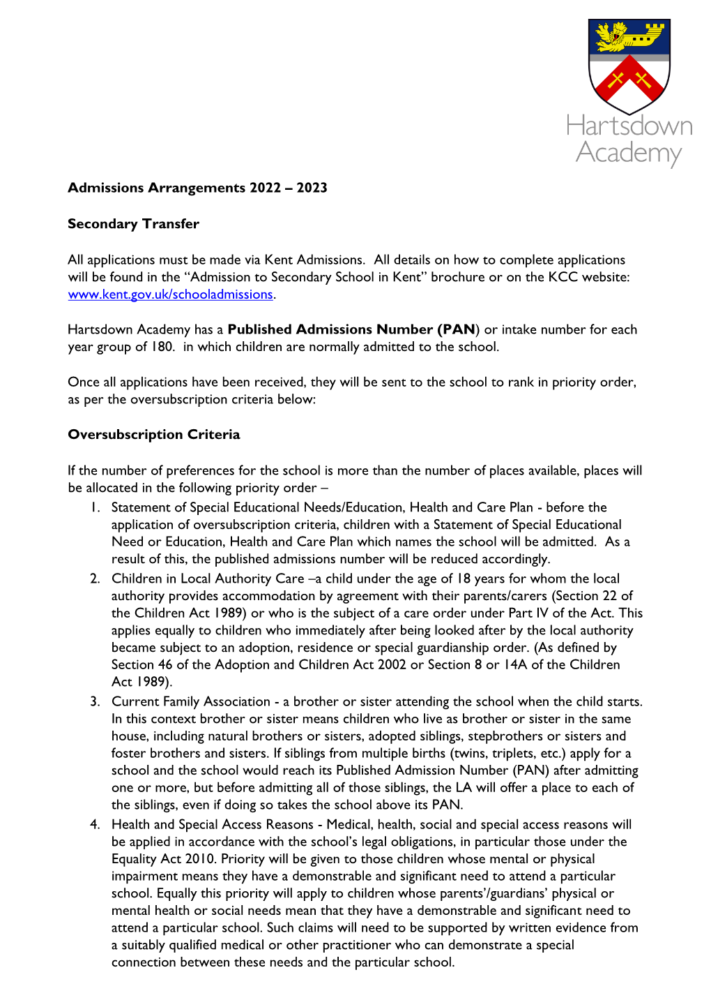 Hartsdown Academy Admissions Criteria 2022-2023