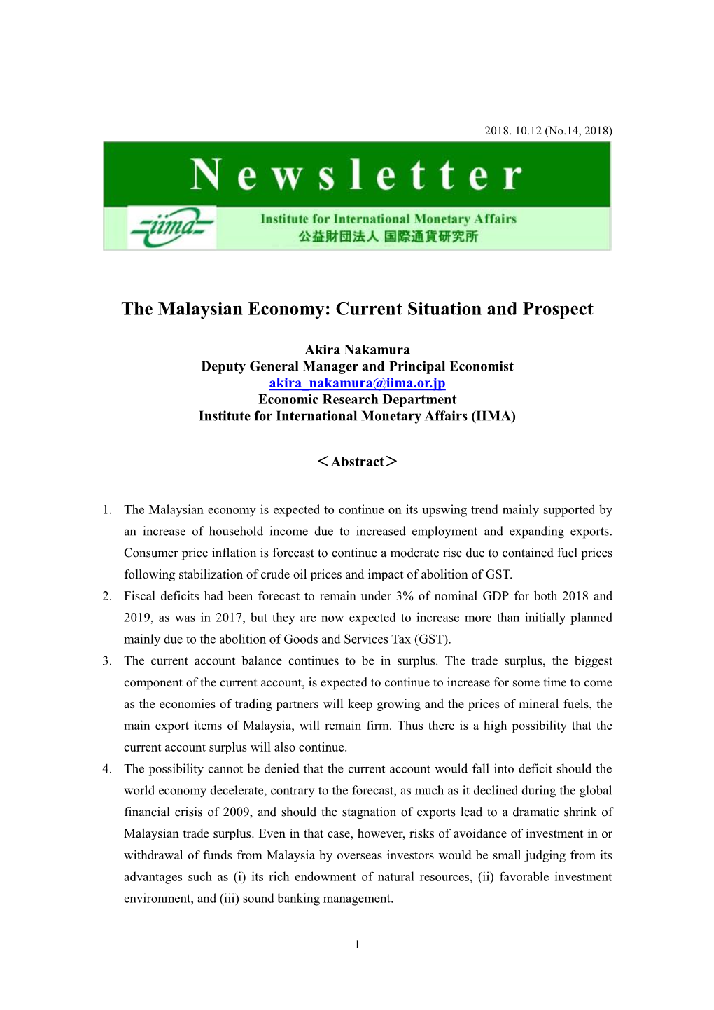 The Malaysian Economy: Current Situation and Prospect