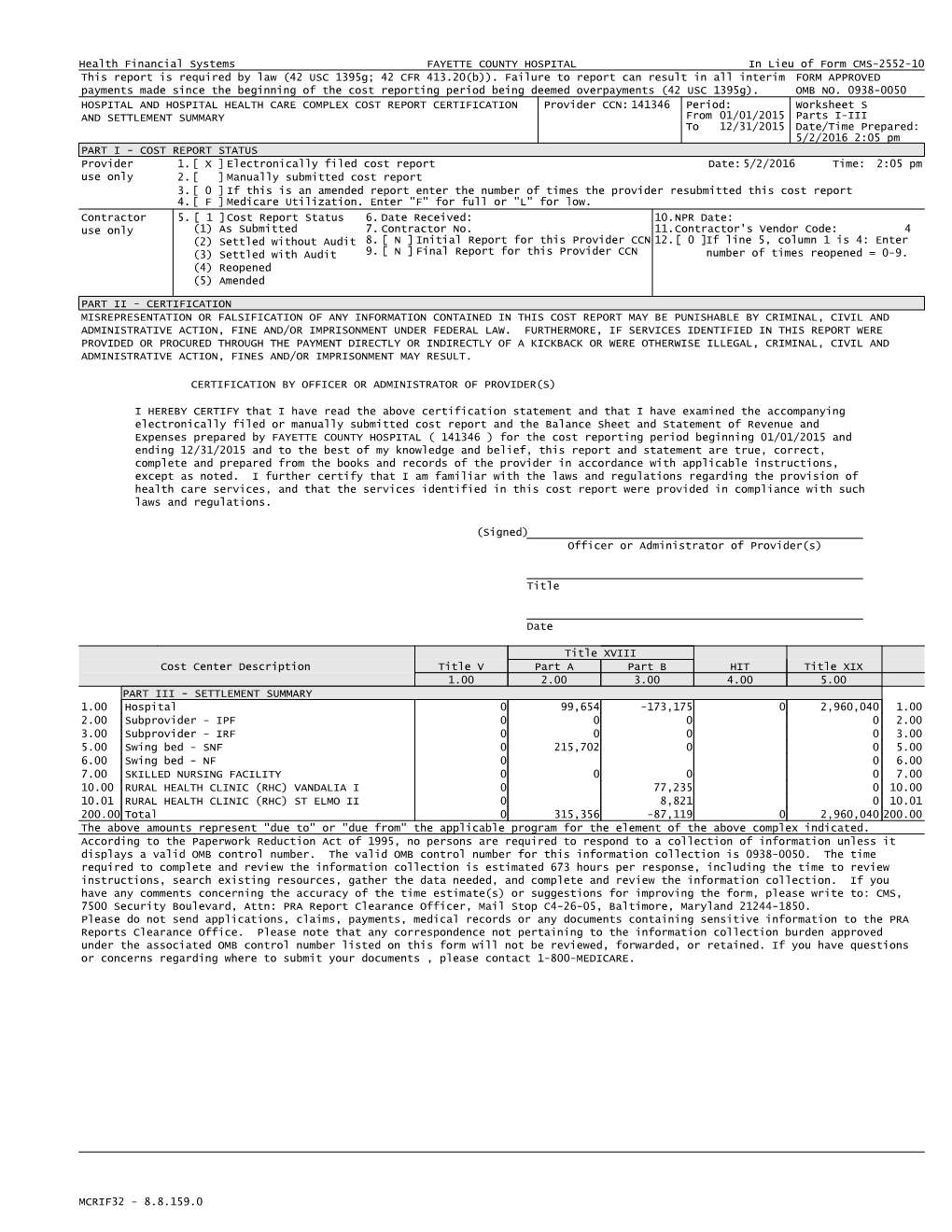 In Lieu of Form CMS-2552-10 Health Financial Systems FORM