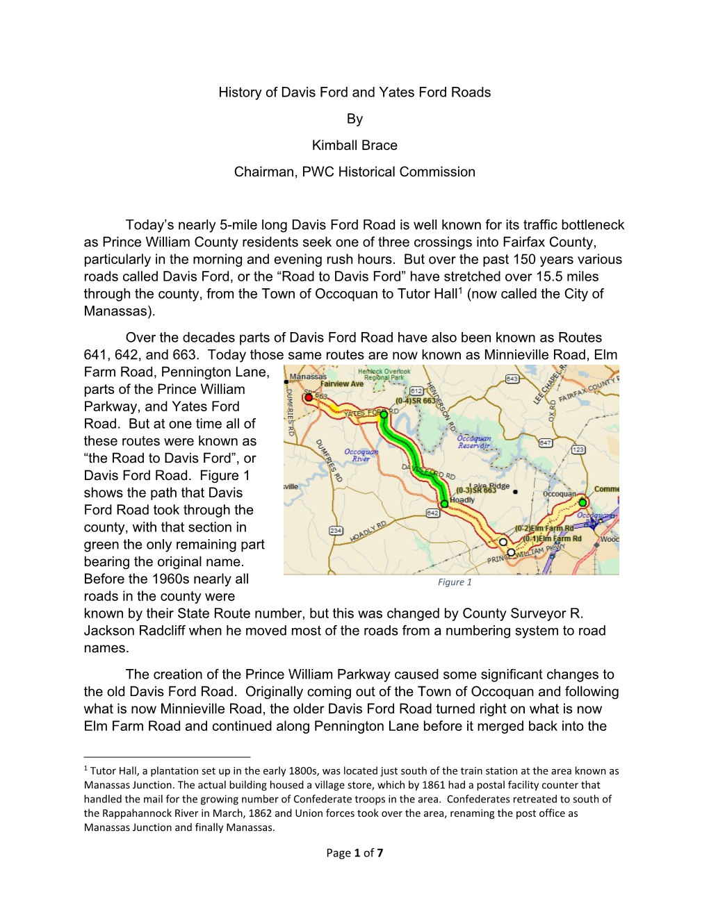 History of Davis Ford and Yates Ford Roads by Kimball Brace Chairman, PWC Historical Commission