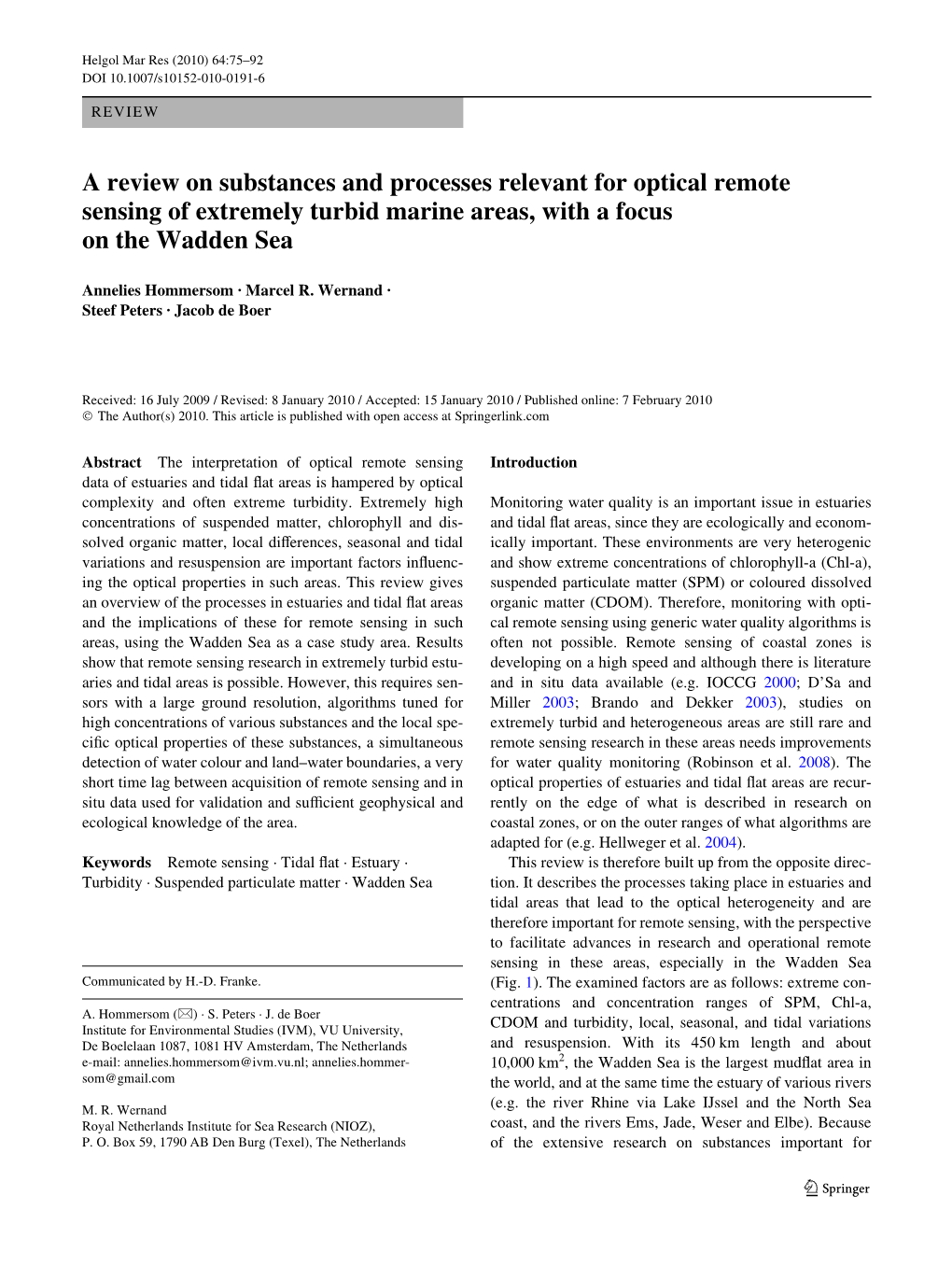 A Review on Substances and Processes Relevant for Optical Remote Sensing of Extremely Turbid Marine Areas, with a Focus on the Wadden Sea