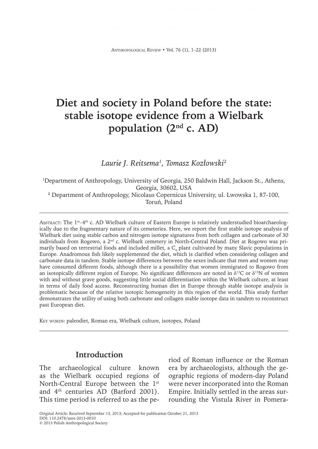 Stable Isotope Evidence from a Wielbark Population (2Nd C. AD)