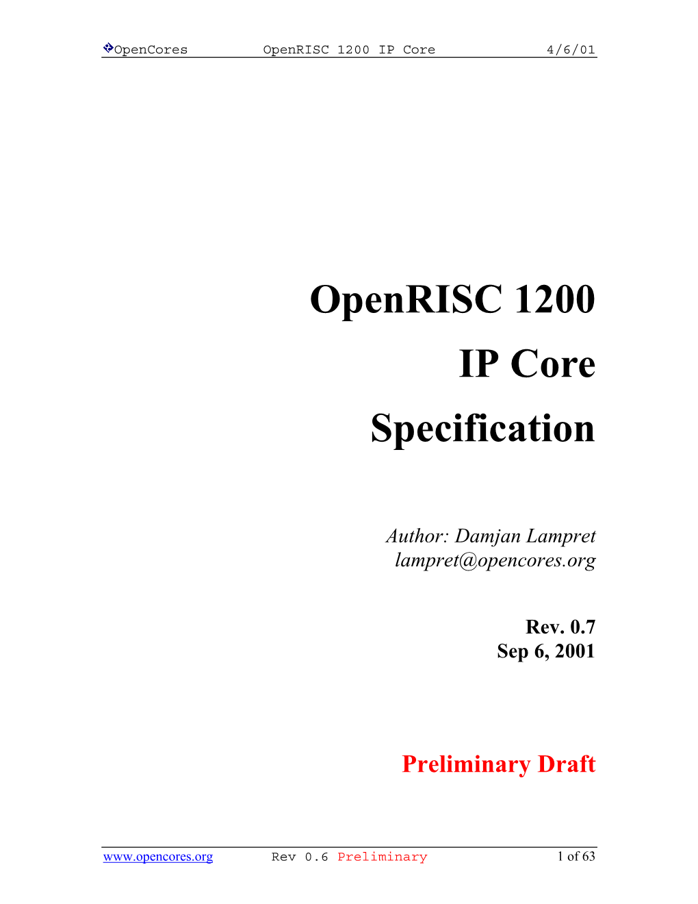Openrisc 1200 IP Core 4/6/01