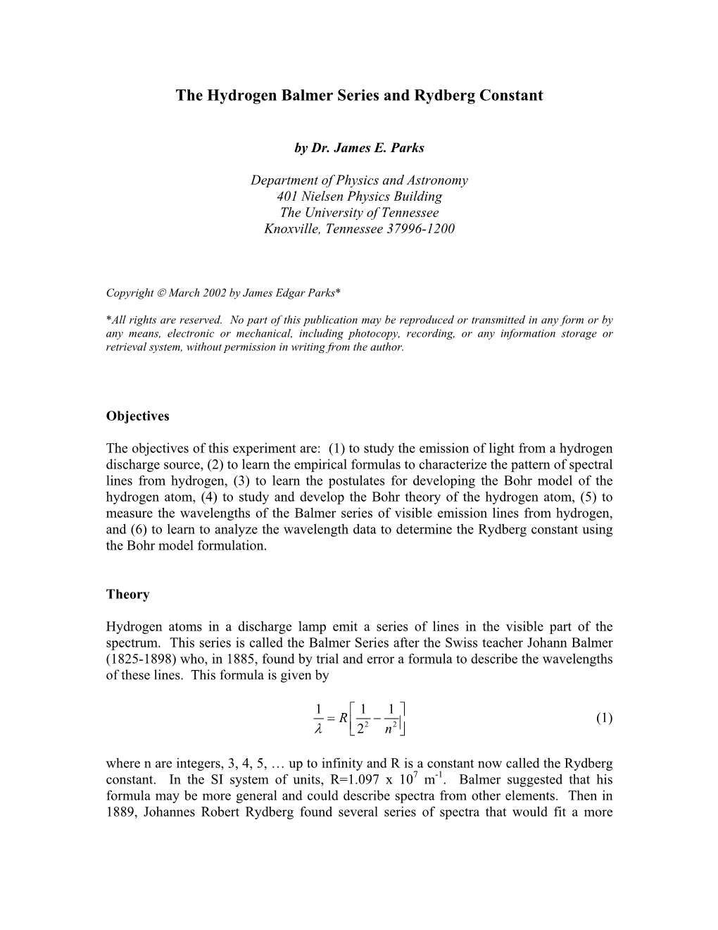 The Hydrogen Balmer Series and Rydberg Constant