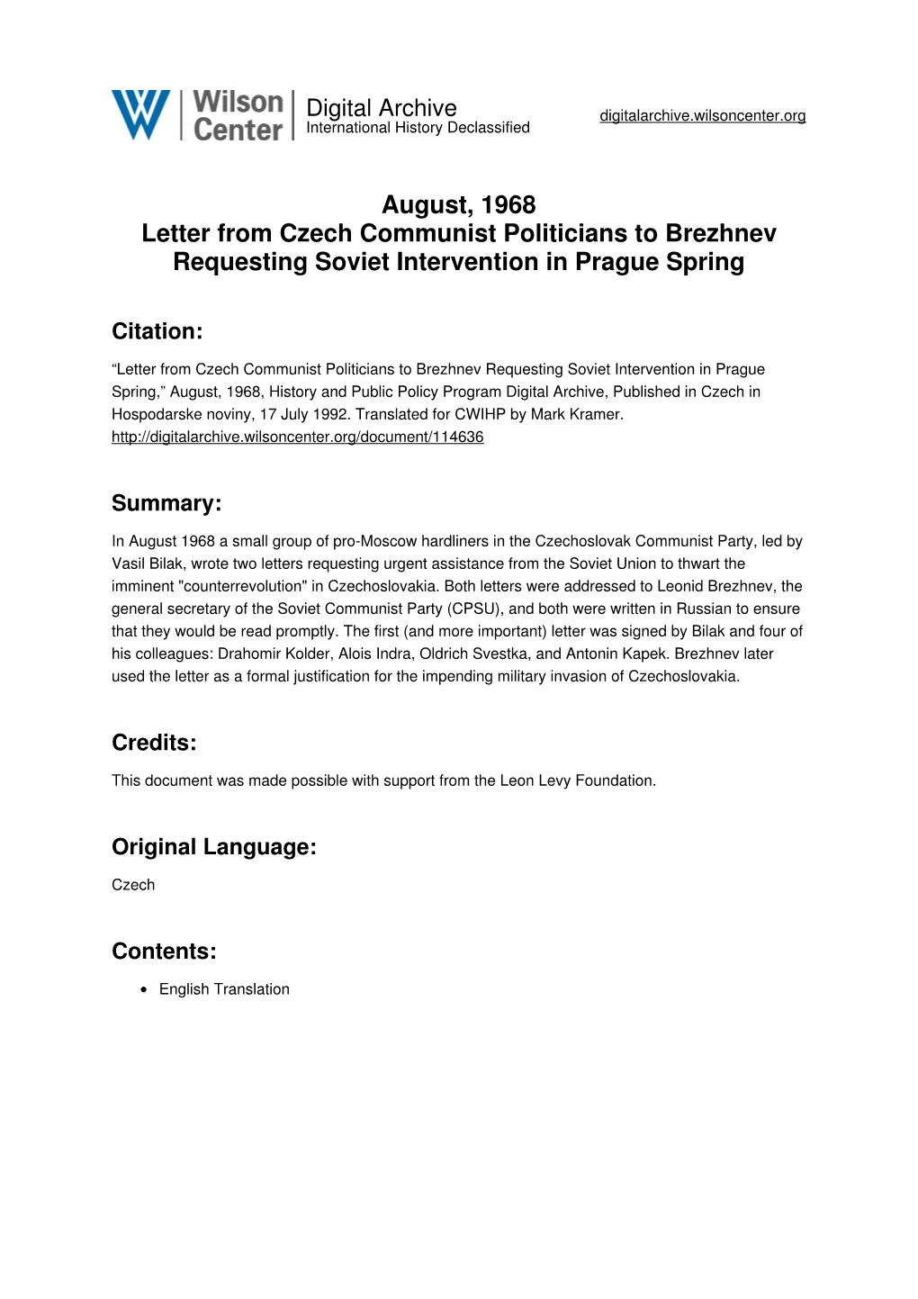 August, 1968 Letter from Czech Communist Politicians to Brezhnev Requesting Soviet Intervention in Prague Spring