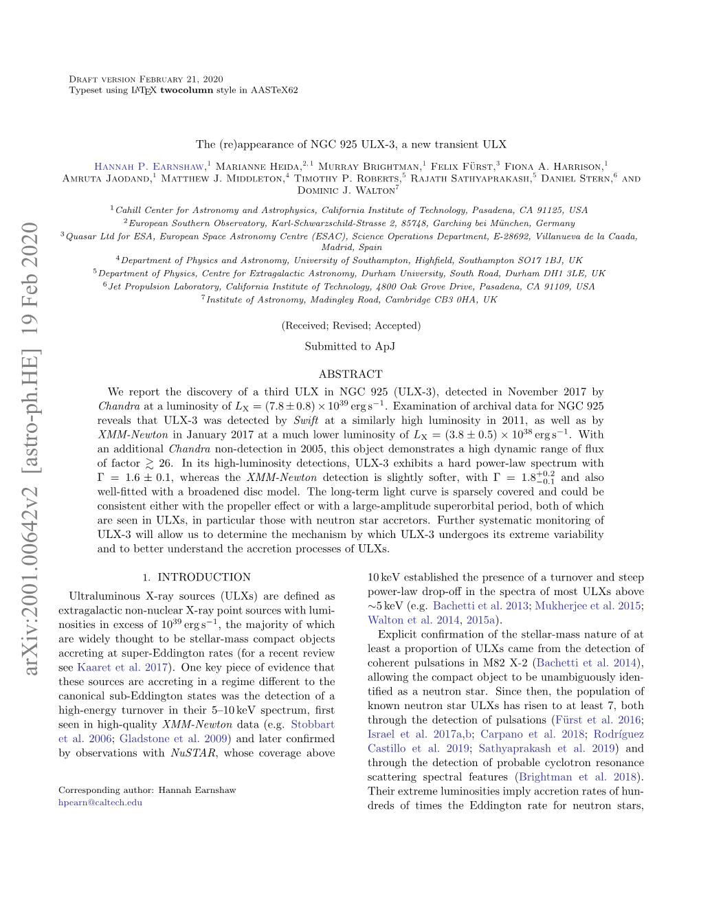 Arxiv:2001.00642V2 [Astro-Ph.HE] 19 Feb 2020