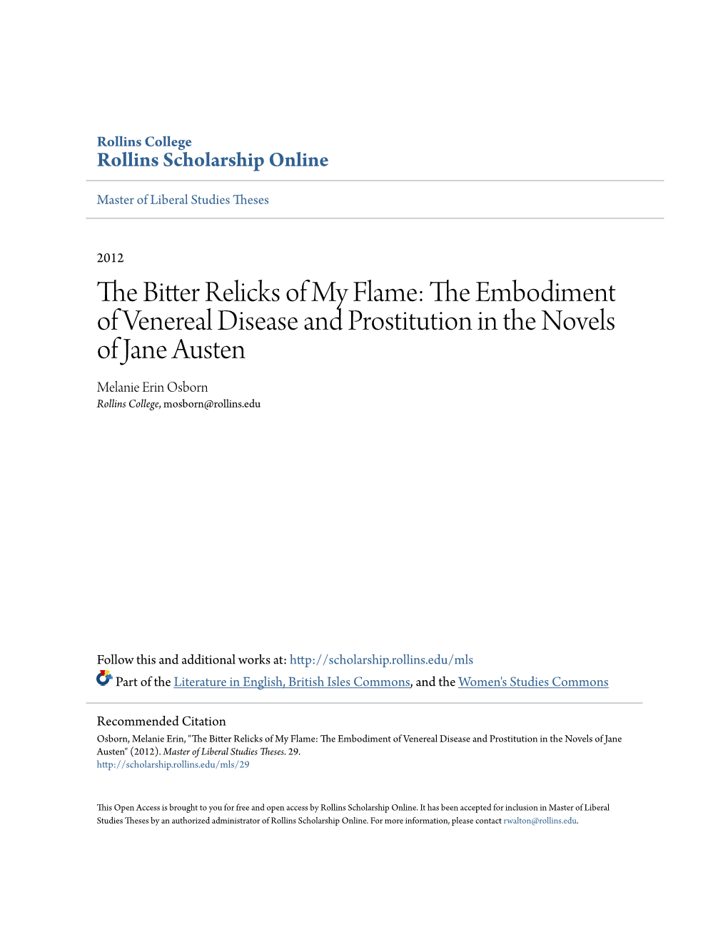 The Embodiment of Venereal Disease and Prostitution in the Novels of Jane Austen