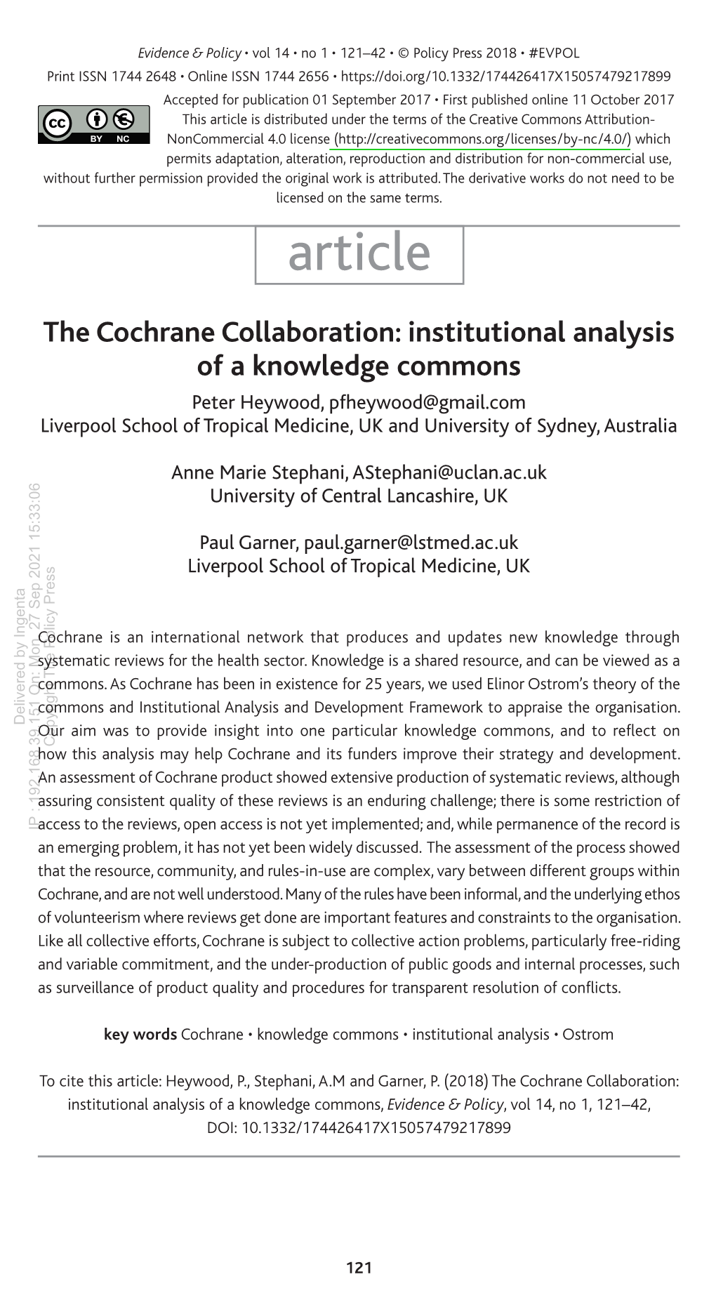 The Cochrane Collaboration: Institutional Analysis of A