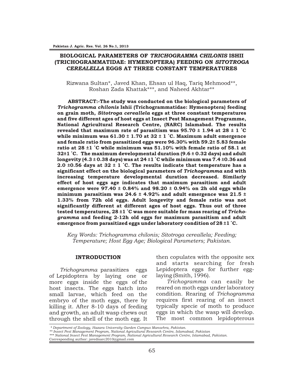 65 Biological Parameters of Trichogramma