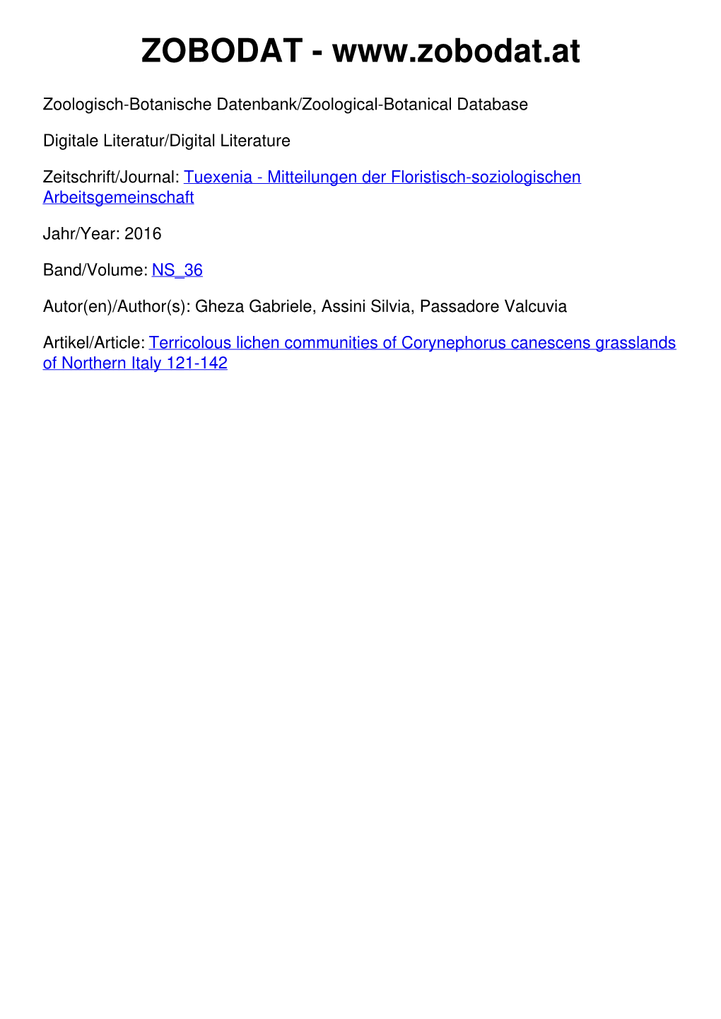 Terricolous Lichen Communities of Corynephorus Canescens Grasslands of Northern Italy 121-142 Tuexenia 36: 121–142