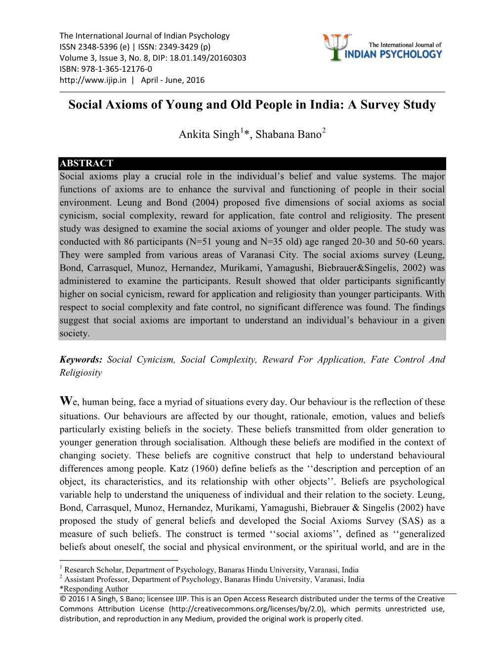 Social Axioms of Young and Old People in India: a Survey Study