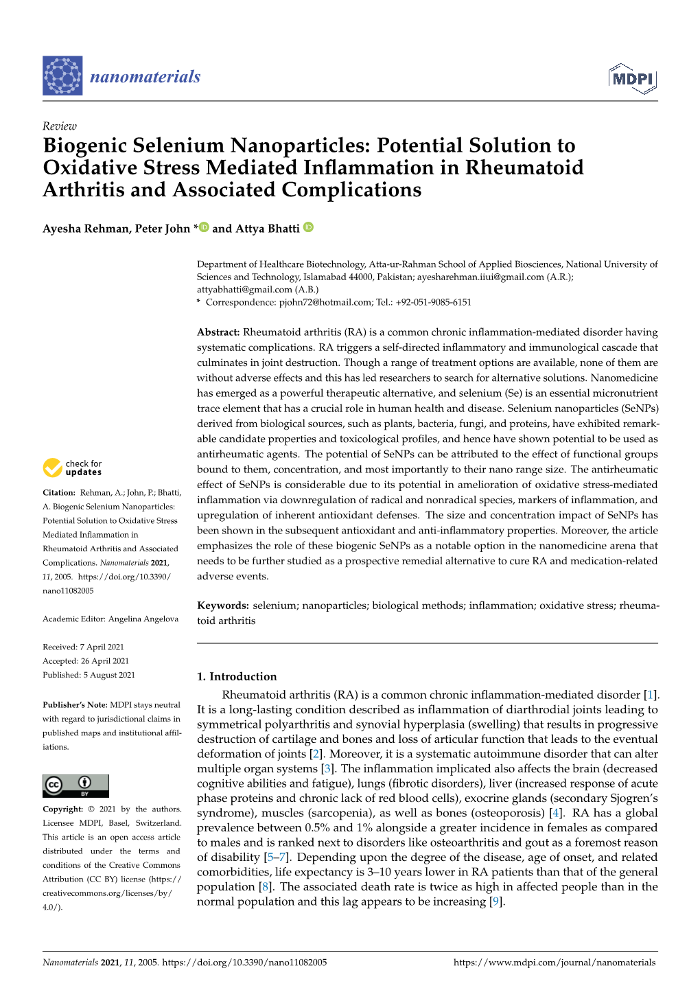 Biogenic Selenium Nanoparticles: Potential Solution to Oxidative Stress Mediated Inﬂammation in Rheumatoid Arthritis and Associated Complications