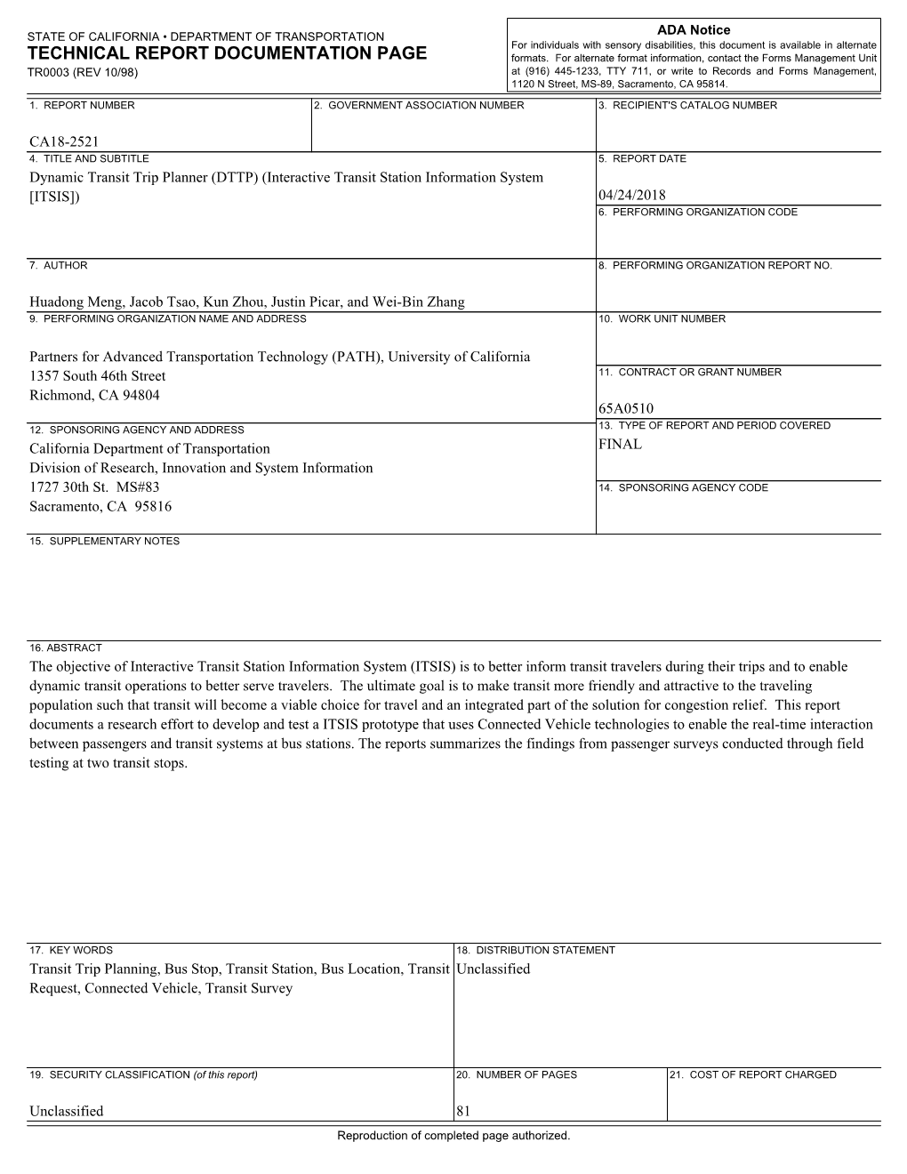 Dynamic Transit Trip Planner (DTTP) (Interactive Transit Station Information System [ITSIS]) 04/24/2018 6