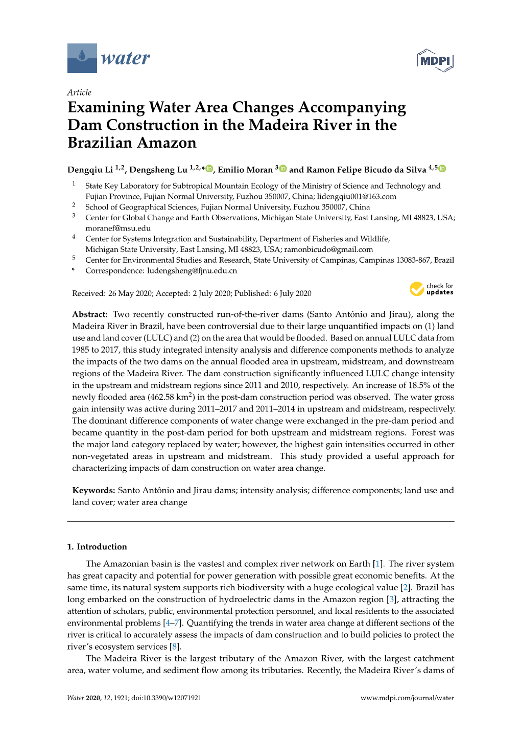 Examining Water Area Changes Accompanying Dam Construction in the Madeira River in the Brazilian Amazon