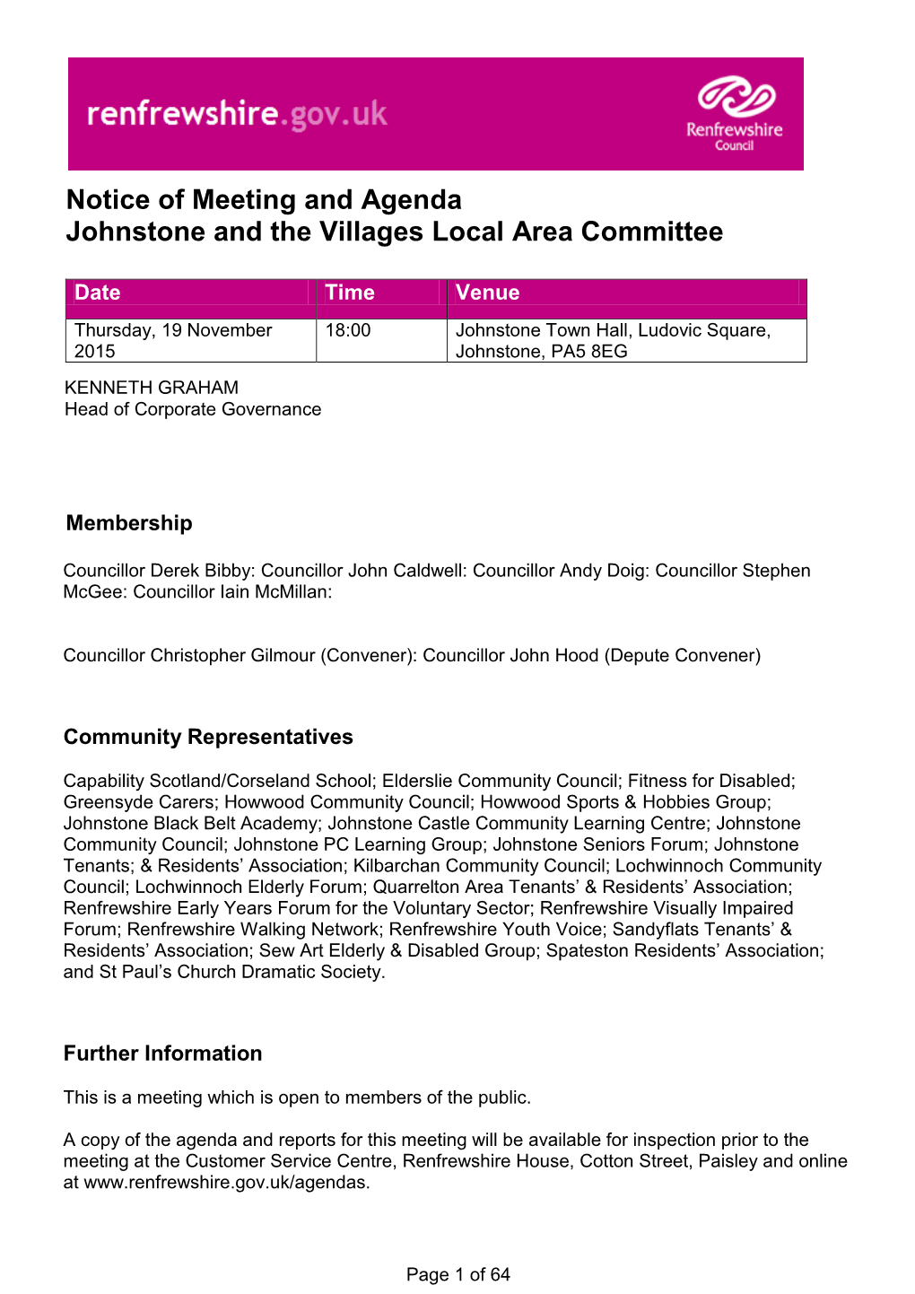 Notice of Meeting and Agenda Johnstone and the Villages Local Area Committee