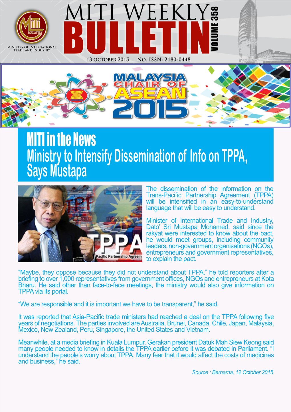 Ministry to Intensify Dissemination of Info on TPPA, Says Mustapa