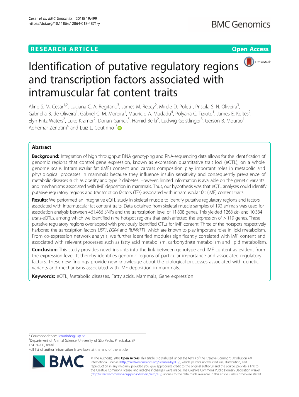 Identification of Putative Regulatory Regions and Transcription Factors Associated with Intramuscular Fat Content Traits Aline S