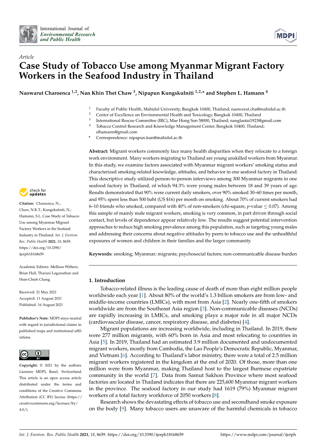 Case Study of Tobacco Use Among Myanmar Migrant Factory Workers in the Seafood Industry in Thailand