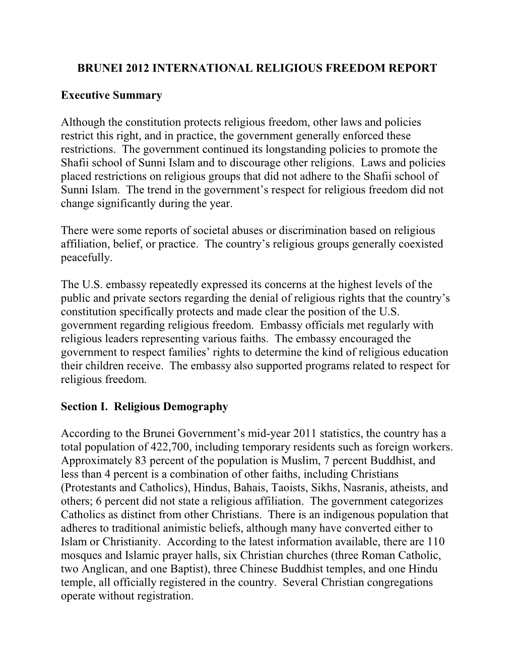 Brunei 2012 International Religious Freedom Report